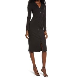 STELEN Black Long Sleeve Ribbed Front Button Dress